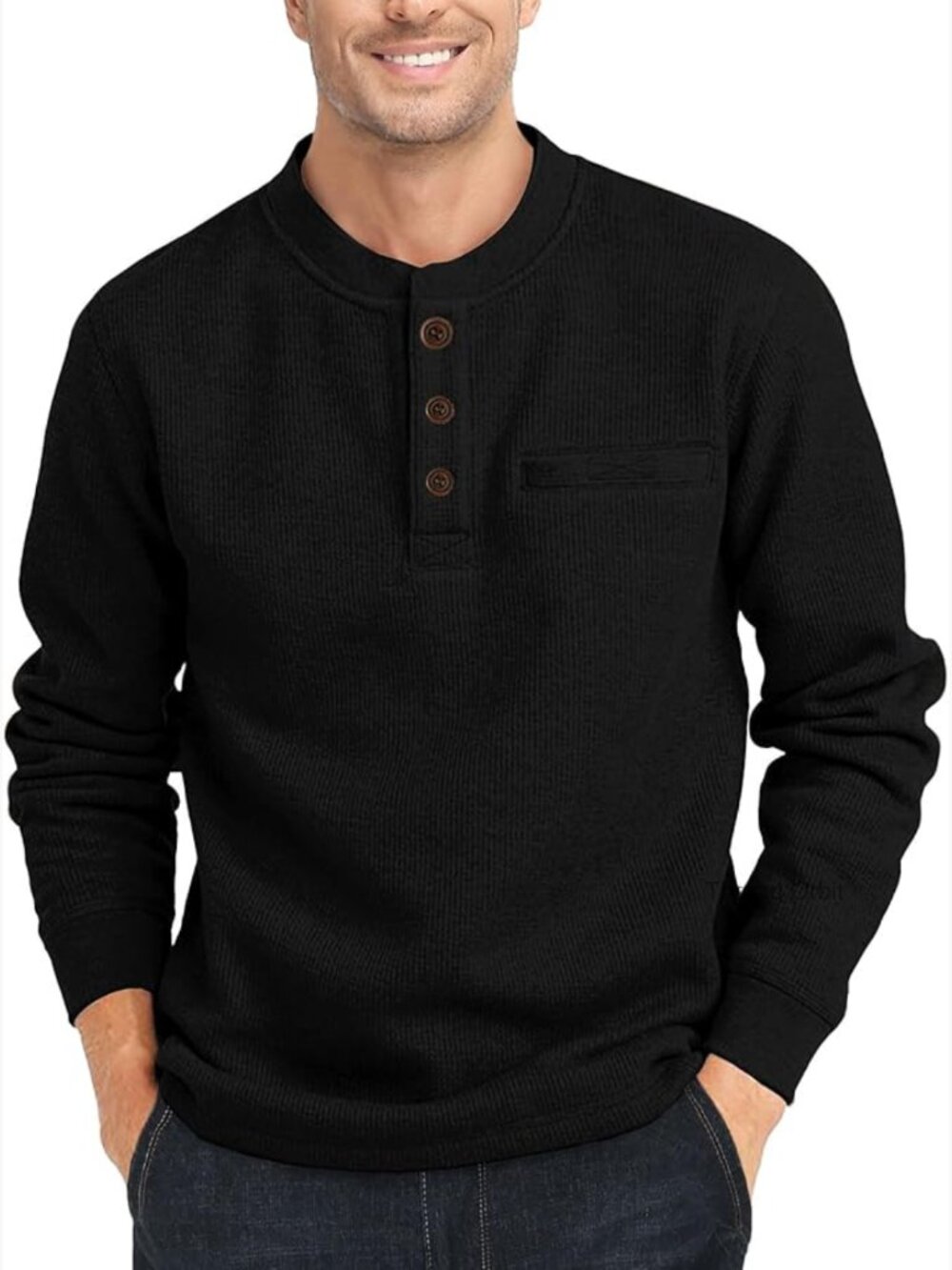 Men's Long Sleeve Henley Shirt Waffle Thermal Three Button Pullover Pocket